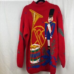 Vintage Hand Knit Ugly Christmas Sweater XL‎ Nutcracker Trombone Drum Red
